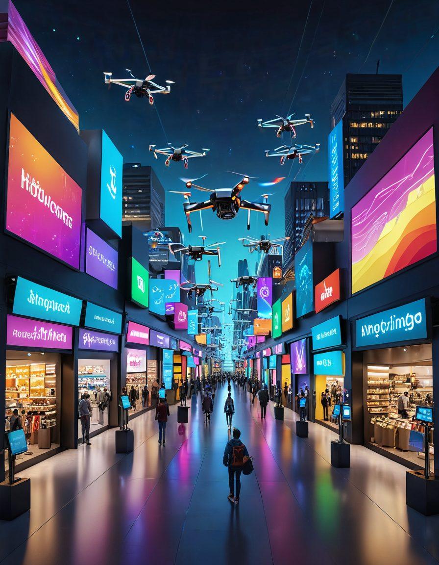 A futuristic digital marketplace bustling with virtual stores, shoppers browsing on holographic devices, and deliveries being made by drones. The scene features a vibrant array of online shopping icons, including carts, checkouts, and discount tags, set against a sleek, tech-inspired city backdrop. Include a glowing skyline to signify innovation. super-realistic. vibrant colors. 3D.