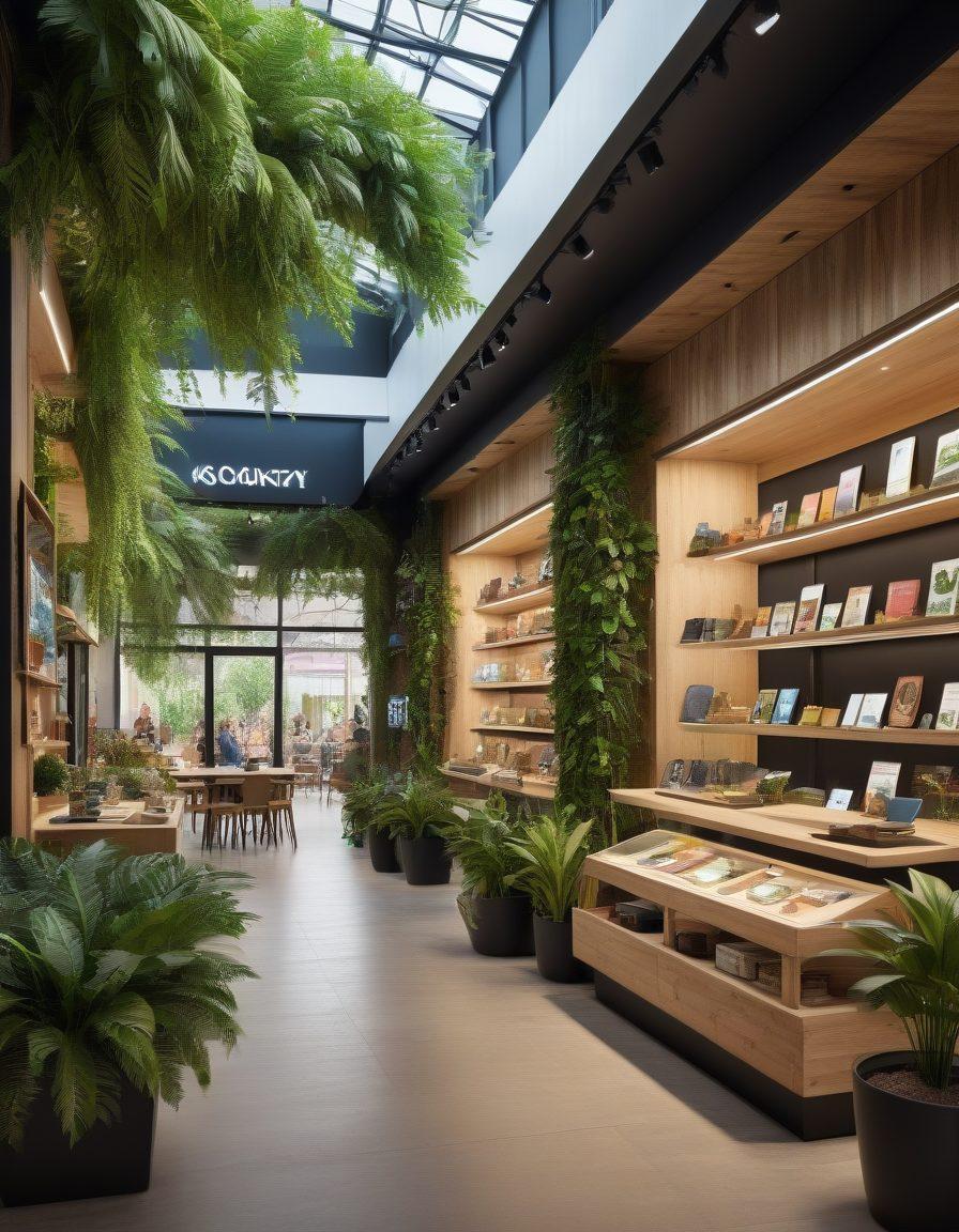 A futuristic retail environment showcasing both global and local ecommerce platforms, with virtual storefronts on sleek digital displays. Incorporate diverse shoppers using technology like smartphones and AR glasses, interacting with products in a vibrant marketplace setting. Highlight elements of sustainability, such as green packaging and eco-friendly products, blending urban and rural themes. super-realistic. vibrant colors. 3D.